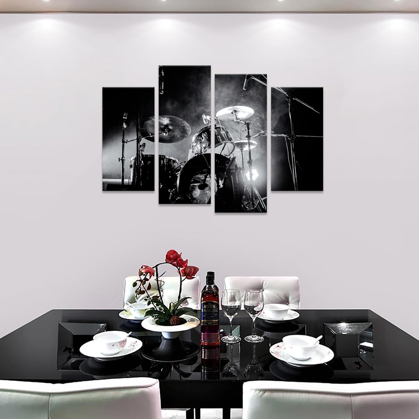 iHAPPYWALL 4 Piece Music Series Wall Art Rock Band Shelf Drum Set With Lights In Black And White Background Modern Home Decor for Living Room Bedroom