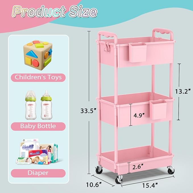 SUNALLY Baby Diaper Caddy Cart, 3 Tier Rolling Diaper Cart with Lockable Wheels for Nursery Essentials, Large Capacity & Easy Assemble Diaper Storage Organizer for Newborn,New Mom, Pink