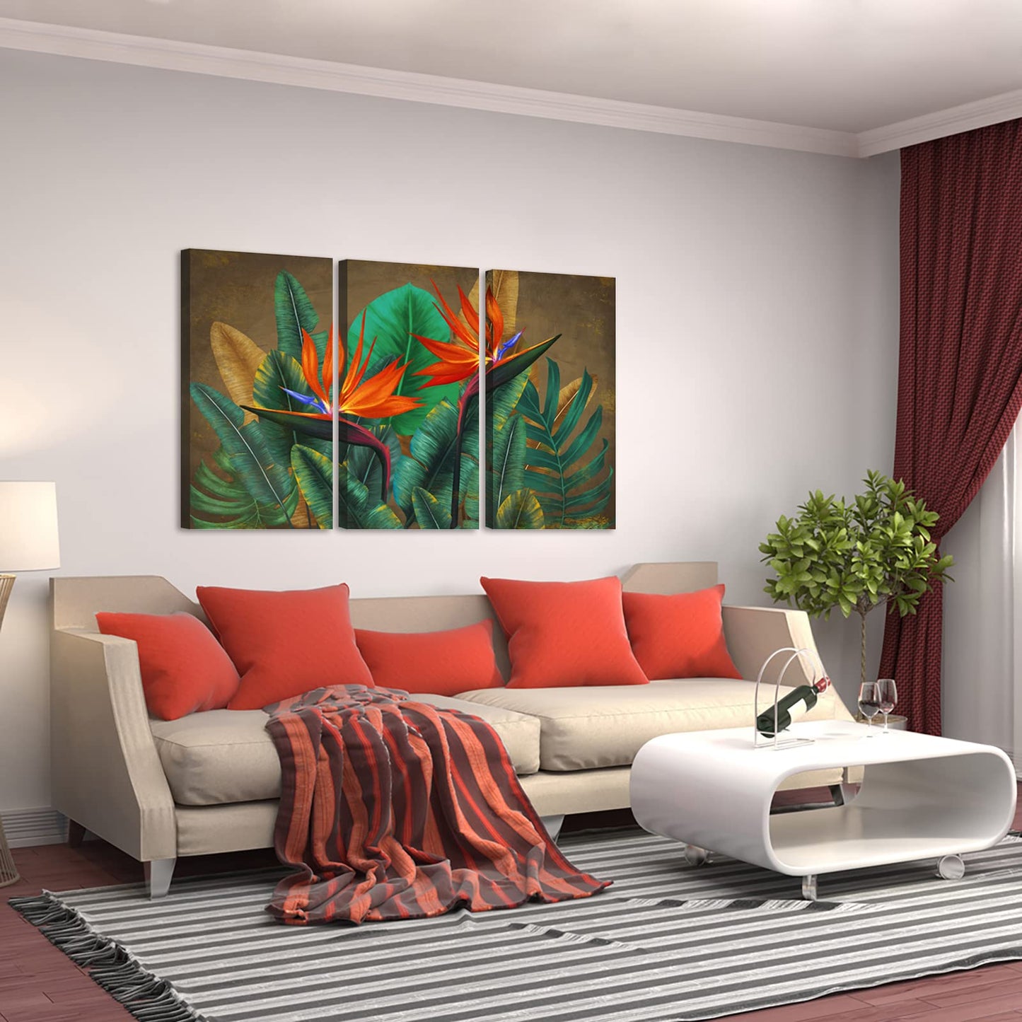 FuShvre 3 Pieces Tropical Flower Canvas Wall Art Bird of Paradise Pictures Paintings Hawaii Themed Green Palm Leaf Home Decor Framed