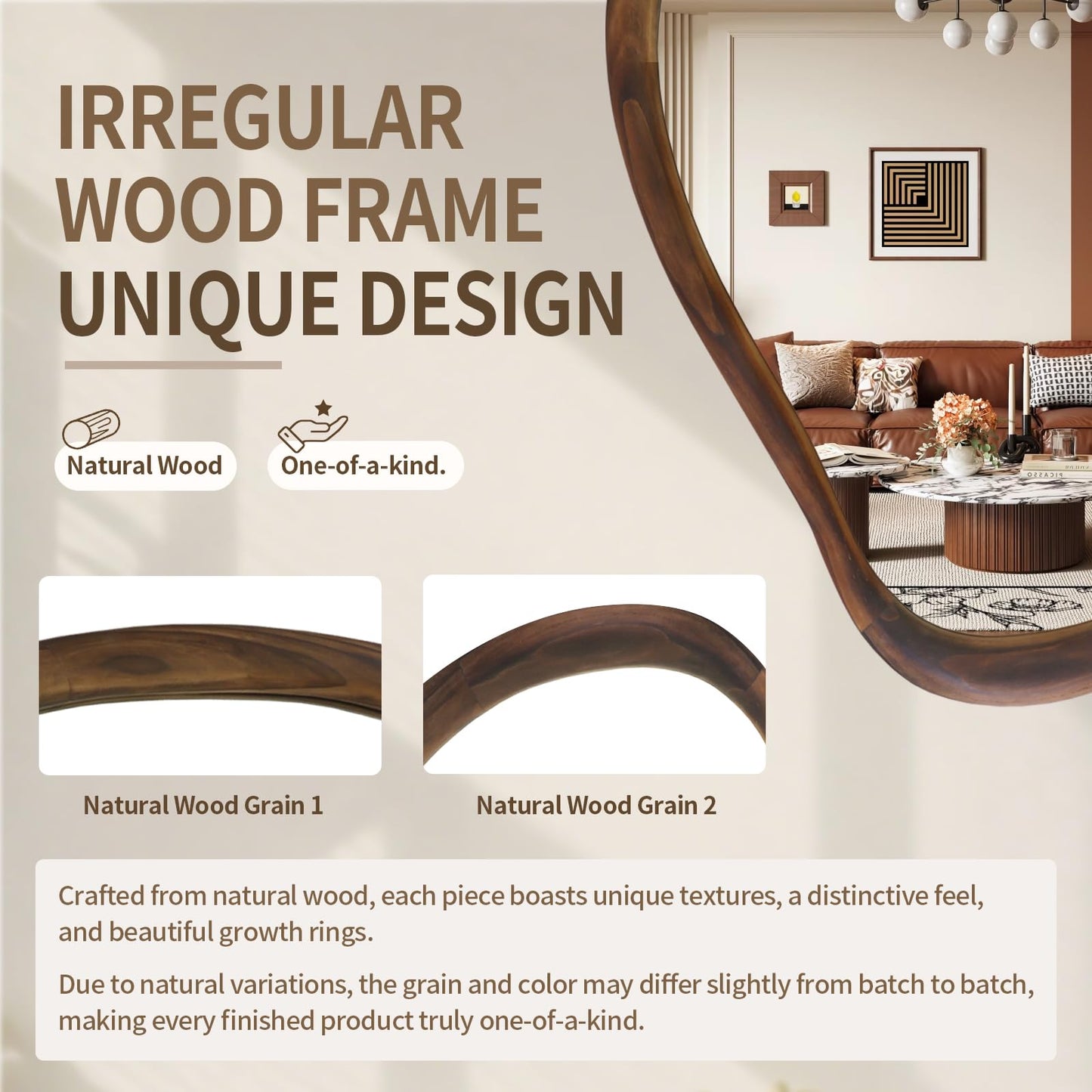 TheiaMo 35"x24" Wood Bathroom Mirror Wall Mounted, Dark Walnut Irregular Wall Mirror, Rustic Farmhouse Vanity Mirror for Bedroom Living Room Bathroom Entryway, Horizontal/Vertical