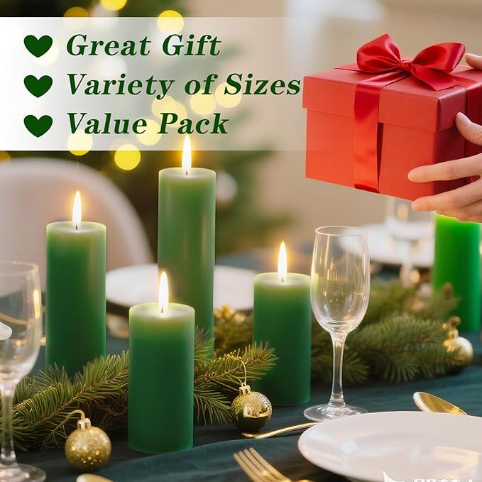 36 Pcs Green Pillar Candles Bulk Set，Hurricane Candlesï¼? Different Lengths (12 Each)，Dripless Unscented Smokeless，Gives You a Better Atmosphere When Organizing Wedding or Event Party.