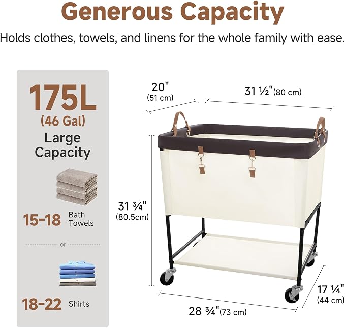 StorageWorks Laundry Cart, 2 Tier Rolling Laundry Basket, Heavy Duty Laundry Basket with Lockable Wheels, Laundry Room Organization and Storage, Clothes Hamper for Bedroom, Dorm, Closet, 46Gal, Beige