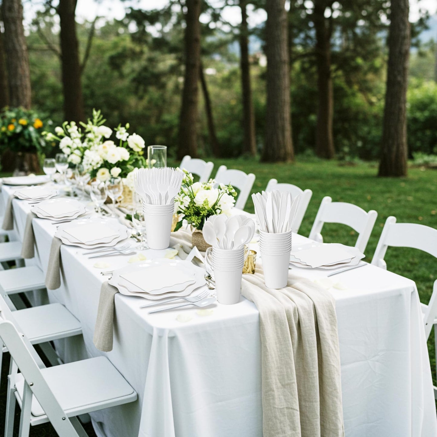 Ziliny 350 Pcs Cute White Party Supplies, 50 Guests Disposable Paper Plates Paper Cups Cutlery Napkins Dinnerware Set for Wedding, Birthday, Baby Shower, Outdoor (scallop Wave 1, White)