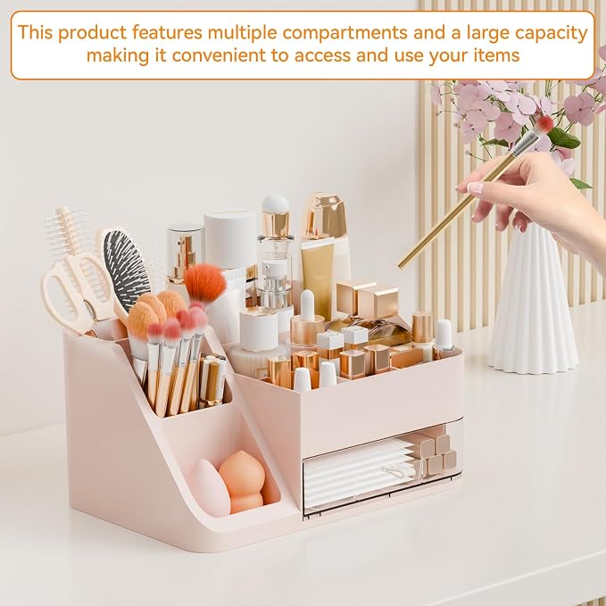 Yieach Countertop Makeup Organizers for Vanity,Bathroom,Dresser,Large Makeup Storage Organizer and Beauty Skincare Organizer,Plastic Makeup Holders and Organizers for Lotion,Hair Product & Tool,Pink