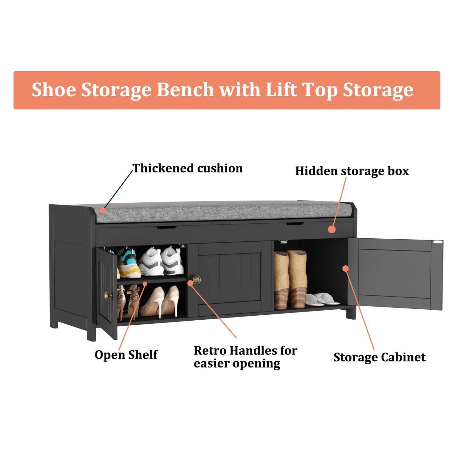 HOMEFORT 41.3" Shoe Bench with Lift Top Storage, Entryway Bench with Cushioned Seat, Wooden End of Bed Bench, Shoe Cabinet Bench with Hidden Storage Space, for Bedroom, Hallway,Black