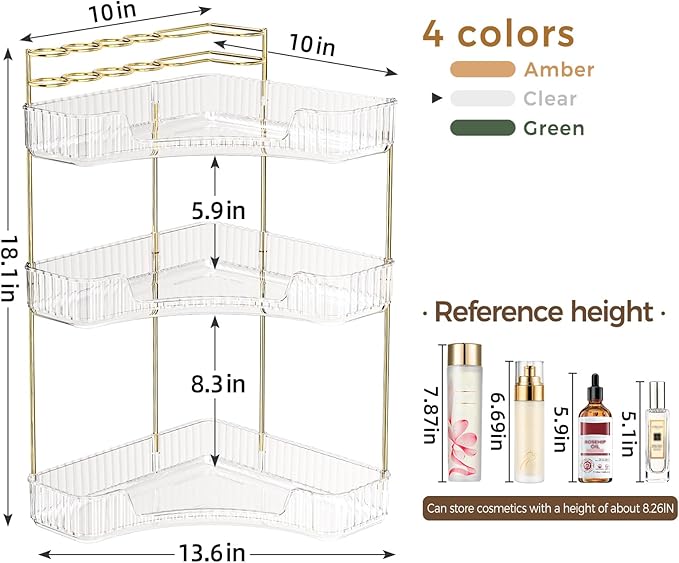 BEFSOP Corner Bathroom Counter Organizer, Upgraded 3-Tier Makeup Organizer Countertop with Makeup Brush Holder, Skincare Exquisite Vanity Organizers Countertop Bathroom Storage Dresser(CLEAR)