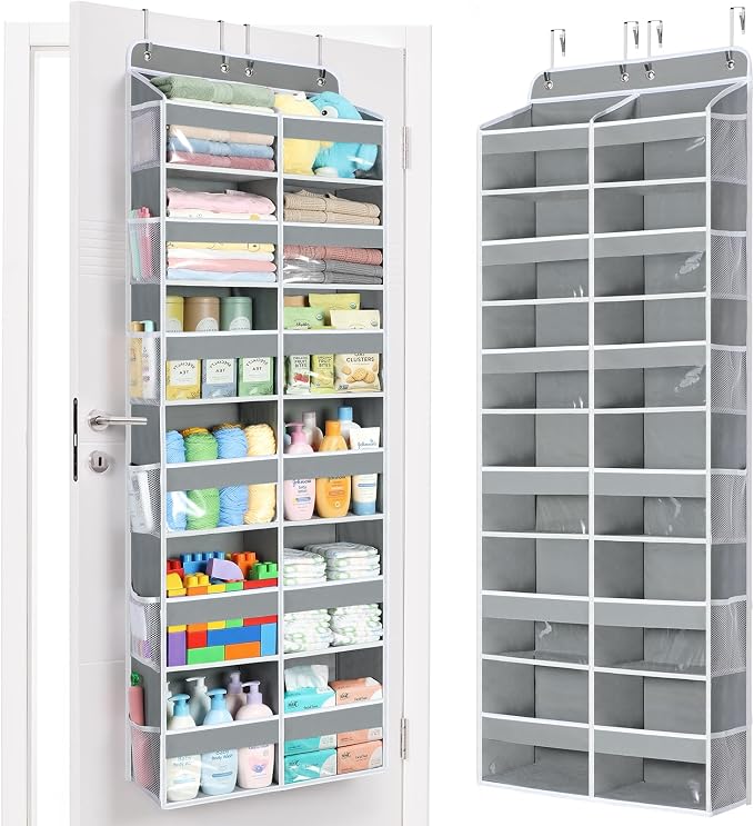 Yecaye Over The Door Organizer, 6 Tier Extra Large Behind Door Storage of 12 Compartments, 80lbs Heavy Duty Door Organizer Hanging with Clear Window for Closet Bedroom Pantry Bathroom, Grey