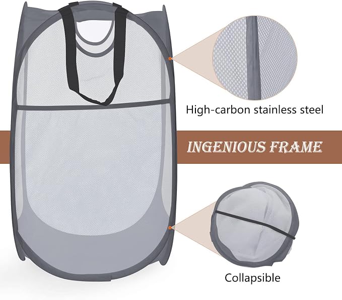 Strong Mesh Pop-up Laundry Hamper,HOUSE AGAIN Quality Pop Up Hampers for Laundry with Durable Handles Solid Bottom High Carbon Steel Frame, Easy to Open and Fold for Storage(Grey)