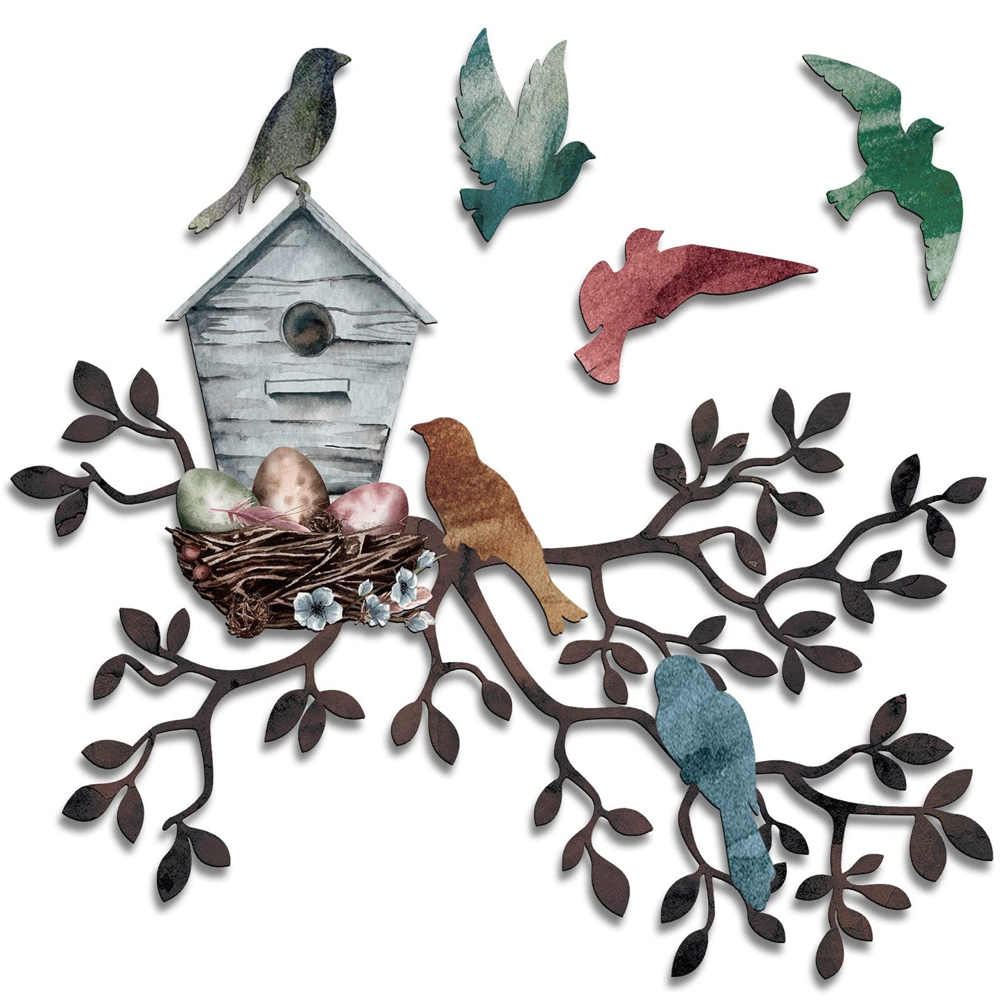 Tatuo Metal Bird Wall Art Birds on The Branch Wall Decor Hanging Metal Sculpture Silhouette Tree with Birdhouse for Living Room Tree Leaf Decor for Indoor Outdoor Garden Bedroom Office Home Party