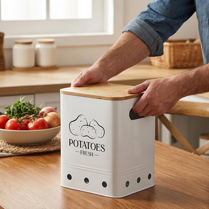 Simcat Kitchen Vegetable Storage Tins Set of 3, Potato Onion Garlic Kitchen Storage Canisters, Vegetable bin Keeper Containers with Aerating Holes and Wooden Lid (White 1)