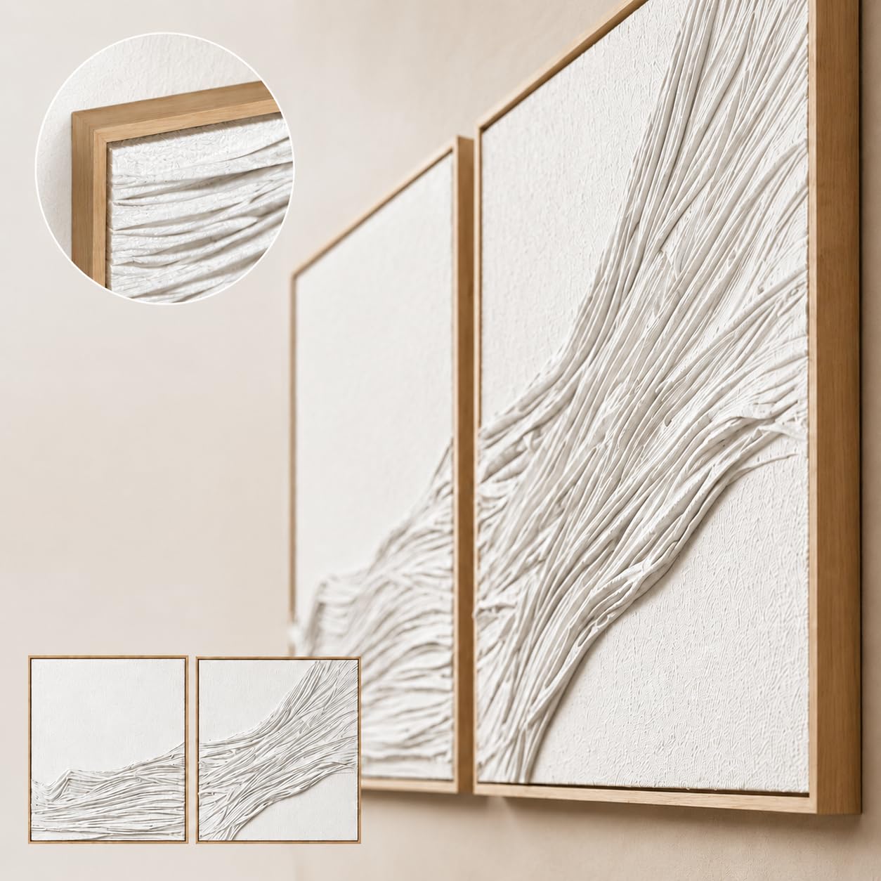 Artists' 3D Textured Wall Art Set of 2, Large White Beige Abstract Wall Decor, Handcrafted Fabric Textured Framed Artwork for Living Room Bedroom Office, Neutral Modern Boho Wall Art, 30x30 Inch x 2