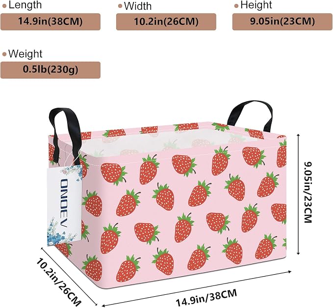 Rectangular Strawberry Pattern Storage Bin, Decorative Canvas Laundry Basket with Dual Handles, Foldable Household Toy Organizer, Multipurpose Party Gift Basket for Bedroom Dorm Closet