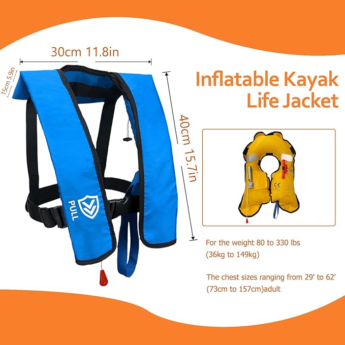 Automatic/Manual Inflatable Life Jacket| Inflatable PFD Kayak Vest Adult| Life Vest for Adults| Outdoor Water Sports| Supports up to 330 lbs|33g of Carbon Dioxide Cylinder