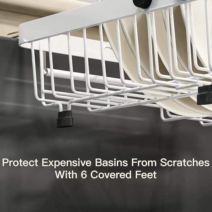 MAJALiS White Dish Drying Rack Over The Sink, Expandable Stainless Steel Dish Drainer for Small Kitchen Counter Space Saving, RV Compact Plate Strainer in Metal with Hanging Adjustable Utensil Holder