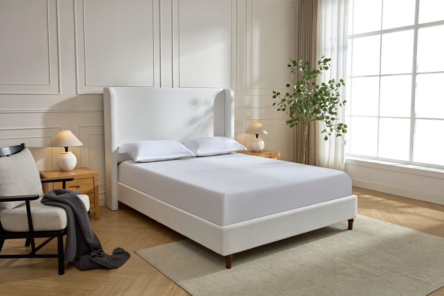 KEIKI Chenille California King Size Bed Frame, 54" Tall Headboard Upholstered Platform BedFrame with Wingback, Elegant Simplicity, No Box Spring Needed, Solid Oak Wood Feet, Cream White