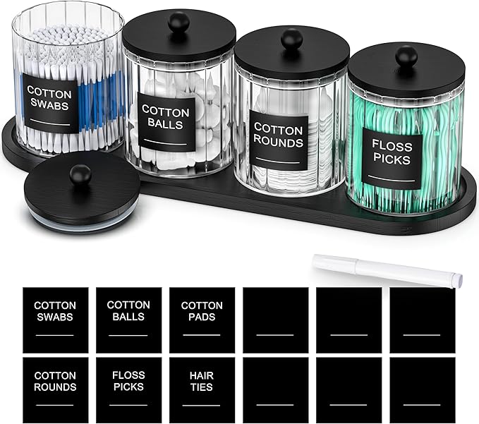masadi 4 Pack Glass Qtip Holder Set with Tray- Bathroom Countertop Set Organizers, Cotton Round Swab Holder Dispenser Cotton Ball Holder, Apothecary Jars with Lids, Floss Pick Containers - ms Black