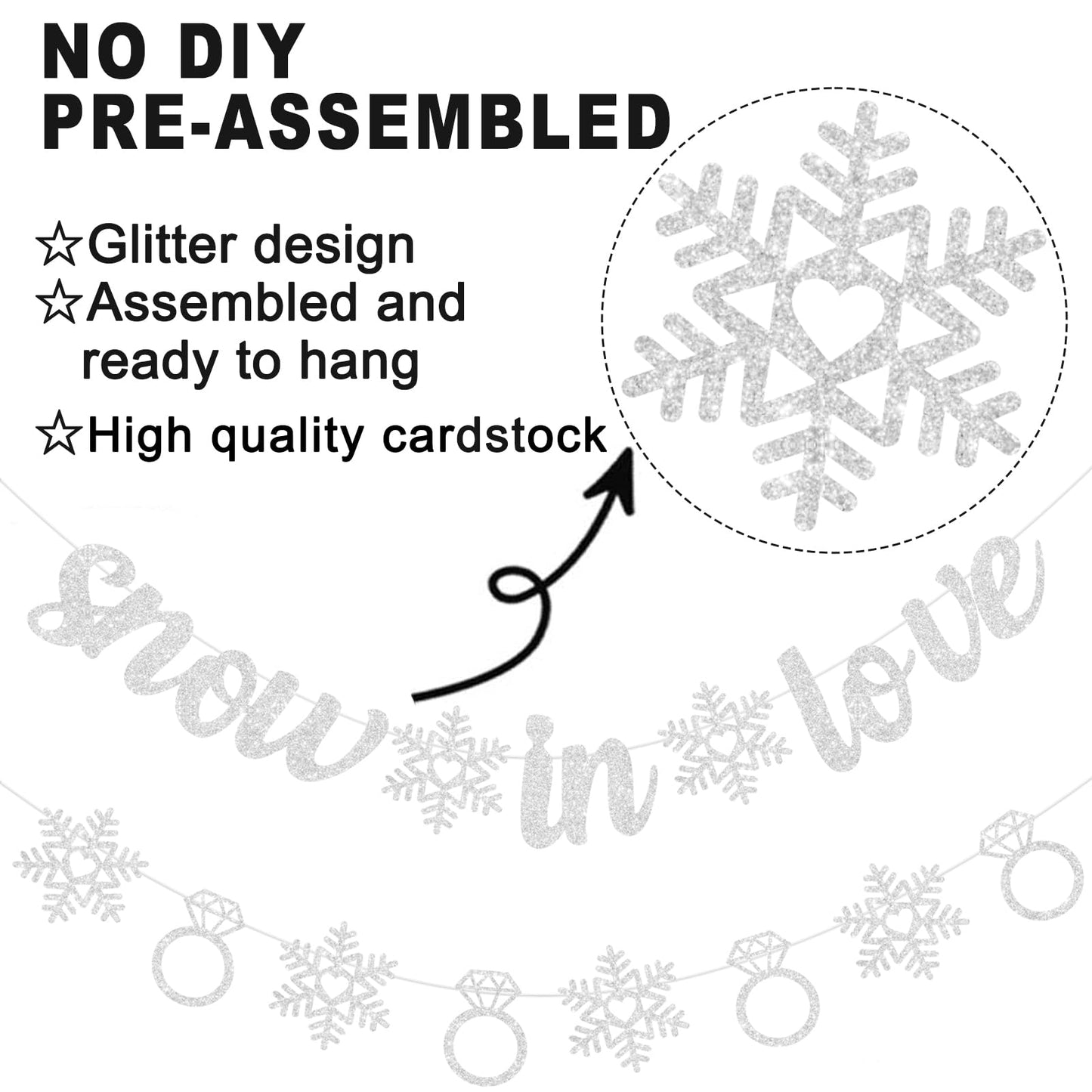 Pre-Strung Snow in Love Banner Glitter Winter Bridal Shower Decorations Banner Snowflake Ring Garland for Winter Christmas Wedding Decor Engagement Party Decorations (Silver)