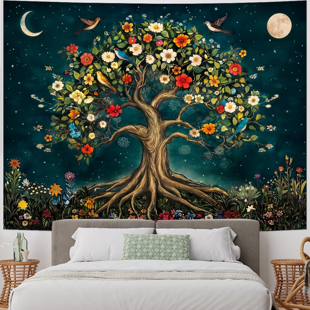Amtoodopin Tree of Life Tapestry Mystic Boho Flowers Tapestry Vintage Aesthetic Tree Wall Tapestries Retro Nature Floral Plants Tapestries Wall Hanging for Bedroom