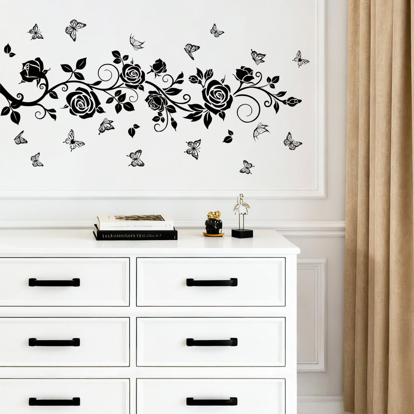 FUFUQUARE Flower Vine Decals Flying Butterfly Black Floral Wall Stickers Removable Wall Art Decor for Living Room Bedroom