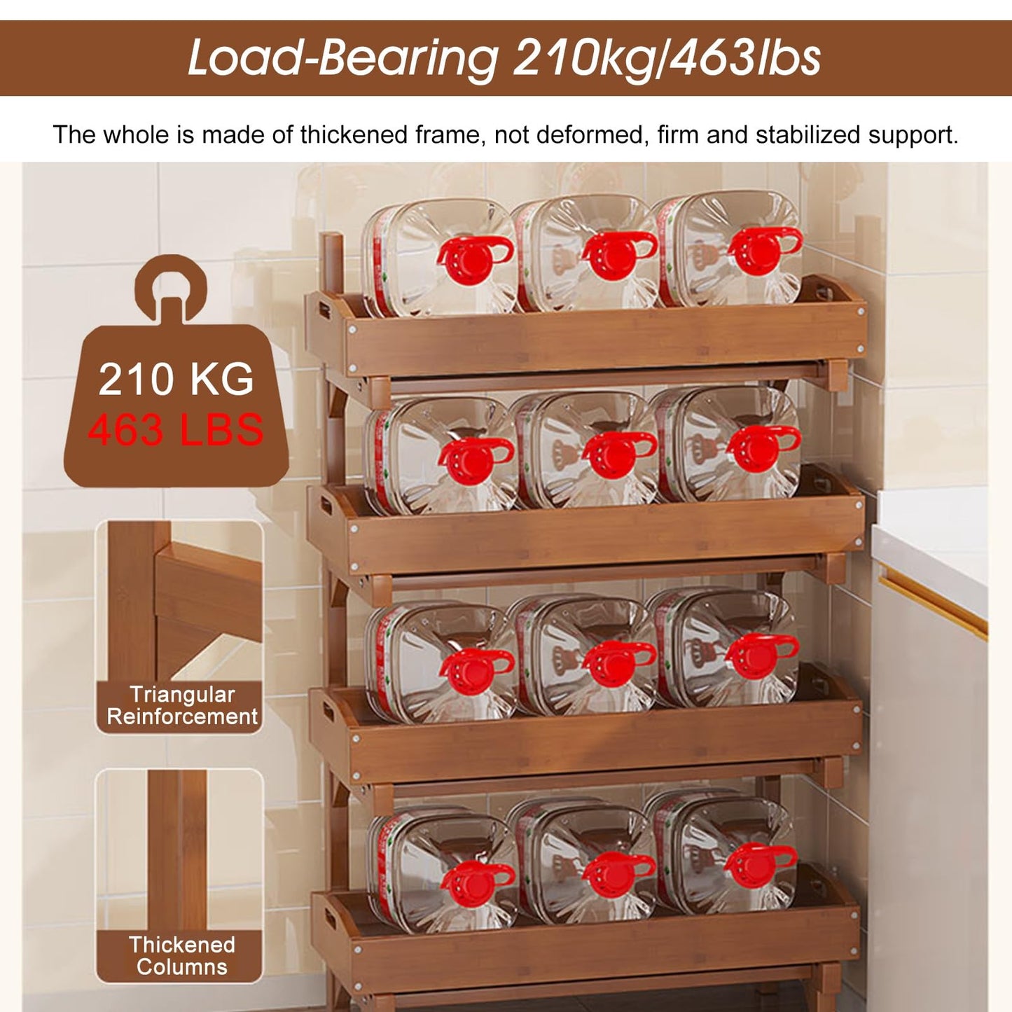 4-Tier Wooden Retail Rack Display Stand, Free Standing Vegetable & Fruit Storage Basket with Guardrail, Detachable Supermarket Snack Shelf for Home, Kitchen & Pantry (26in W)