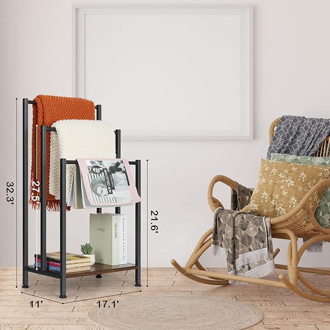 Freestanding Towel Rack, 3 Tier Blanket Ladder Holder with Rustic Brown Wooden Shelf, Industrial Display & Drying Stand Storage Rack with Non-Slip Feet for Living room, Bathroom, 17.1"L*11"W*32.3"H