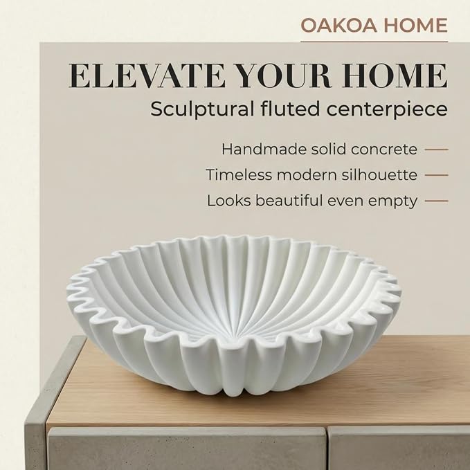 OAKOA Large Decorative Bowl - White Decorative Bowls for Home Decor - Organic Modern Home Decor Bowl - Concrete Ruffle Bowl Decor - Fluted Bowl - Scalloped Bowl