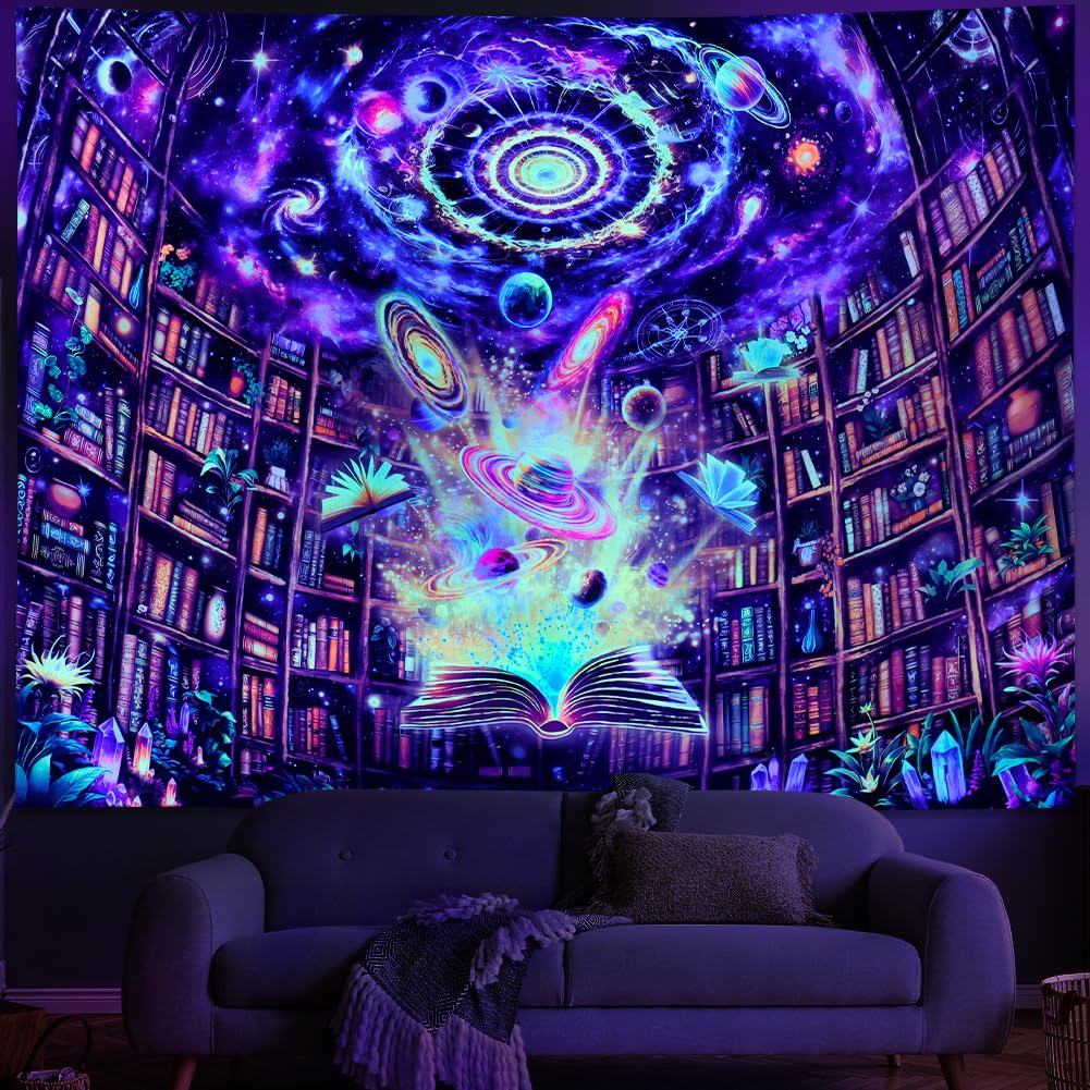 Serborlur Blacklight Bookshelf Tapestry UV Reactive Galaxy Space Library Tapestries Magical Book Planet Bookcase Backdrop Neon Universe Nebula Tapestry Wall Hanging for Bedroom Dorm Classroom