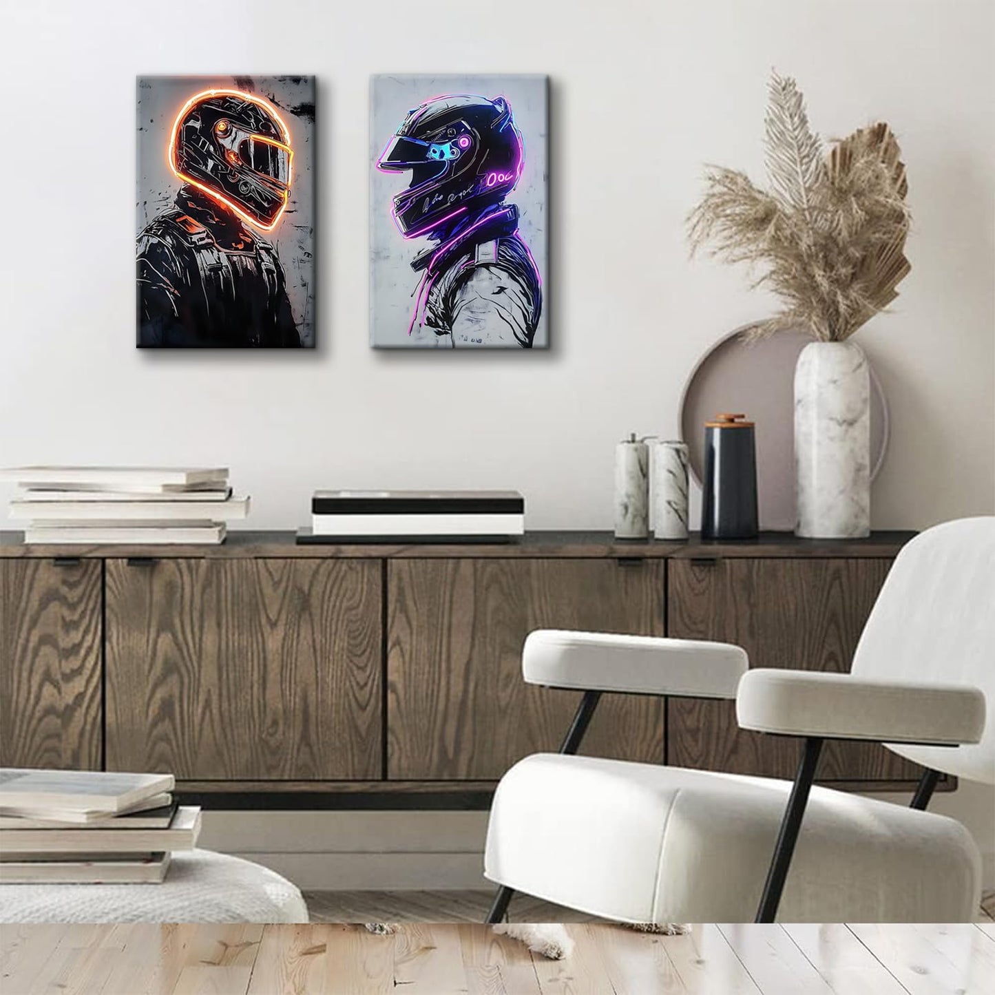 2 Pieces Neon Race Car Driver Canvas Wall Art Racing Helmet Wall Decor Boys Room Poster Prints Esports Room Paintings Pictures for Living Room Bedroom Ready to Hang (12x16in Canvas)