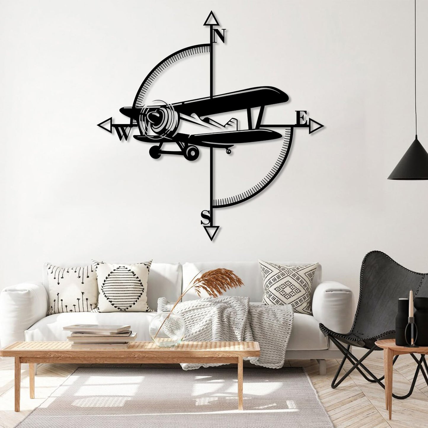 yumcake Metal Airplane Compass Wall Decor, Airplane Metal Wall Art, Aviation Themed Wall Decor for Living Room, Bedroom(Black,35" x 35" / 90 x 90 cm)
