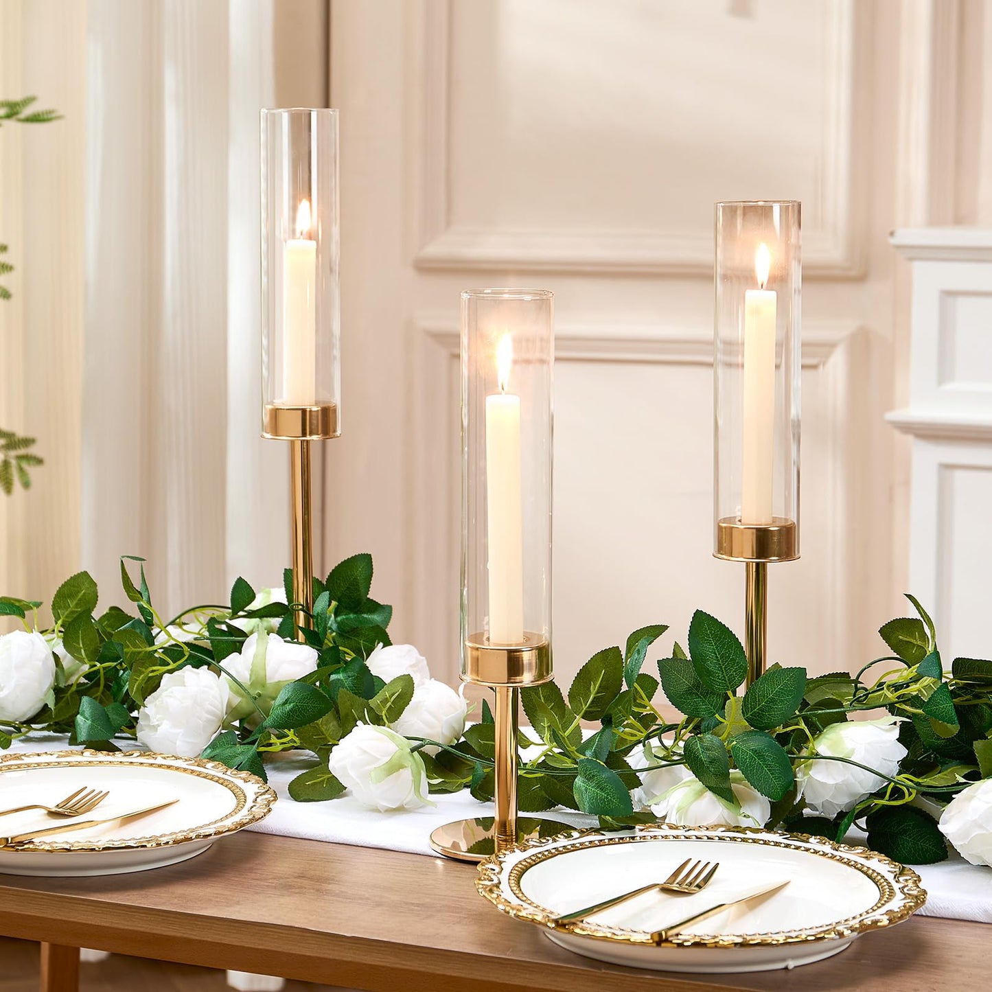 Gold Hurricane Candle Holders Set of 3, Tall Metal & Windproof Glass Taper Candle Holders, Brass Candlesticks Holder Decorations, Table Centerpieces for Weddings, Christmas, Parties, Fireplace Decor