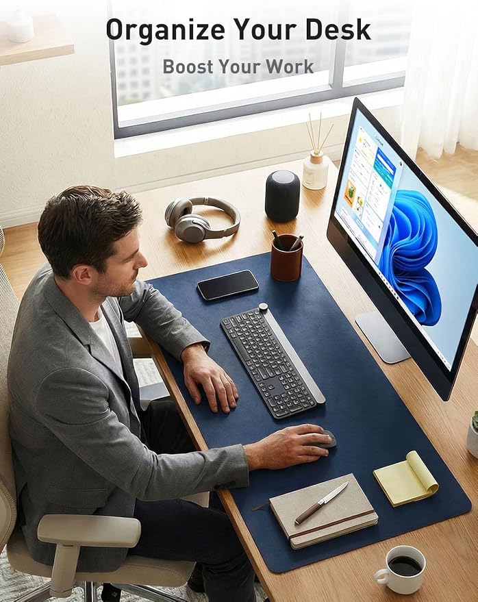 Aothia Faux Leather Desk Mat - Non-Slip PU Leather Desk Blotter, Waterproof Writing Surface, Large Desk Pad for Office & Home (Dark Blue, 55" x 17")