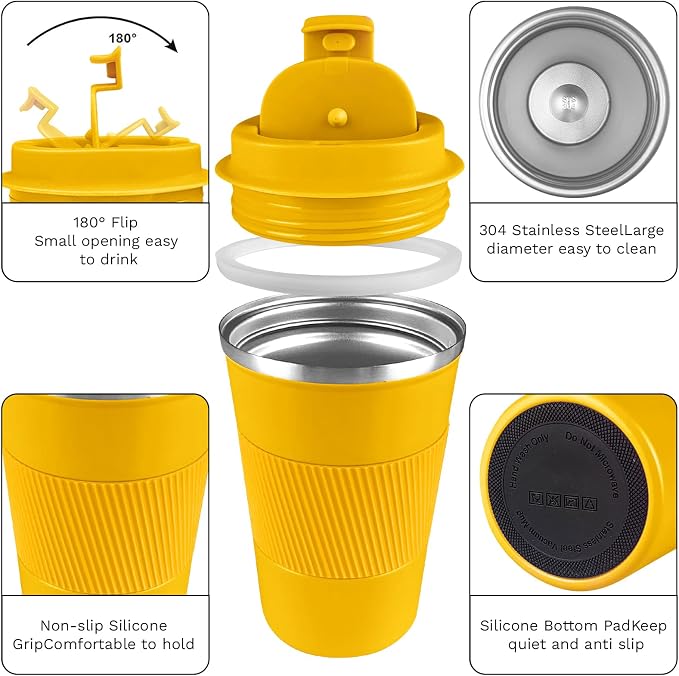 YINBAOGE Insulated Travel Coffee Mug, Spill & Leak Proof, Portable To Go Camping Stainless Steel Coffee Tumbler, Reusable Thermal Coffee Cup with Lid for Hot & Cold Drinks (Yellow, 17 OZ)