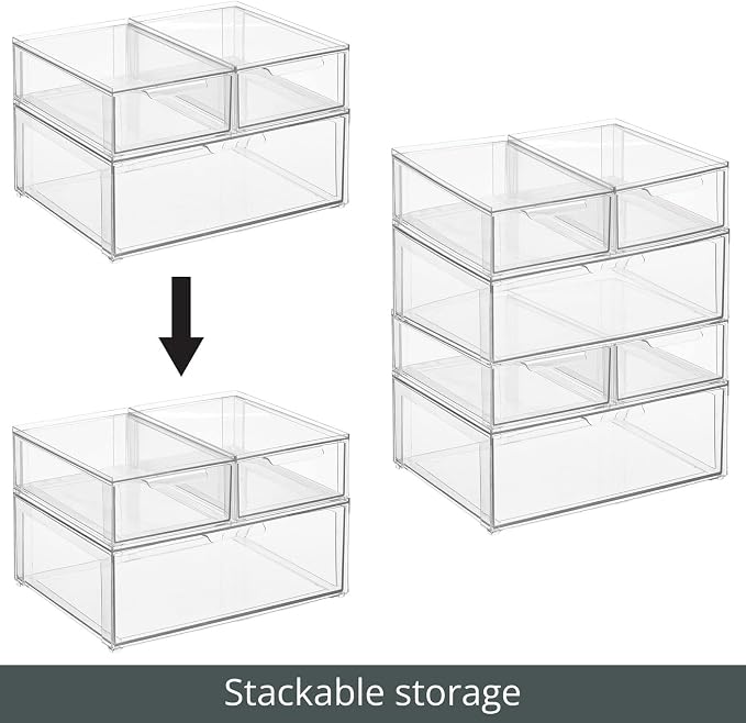 mDesign Plastic Stackable Bathroom Storage Organizer Bin Containers with Front Pull Drawer for Bathroom Countertop, Vanity, Closet Shelves - Holder for Accessories, Lumiere Collection, Set of 3, Clear