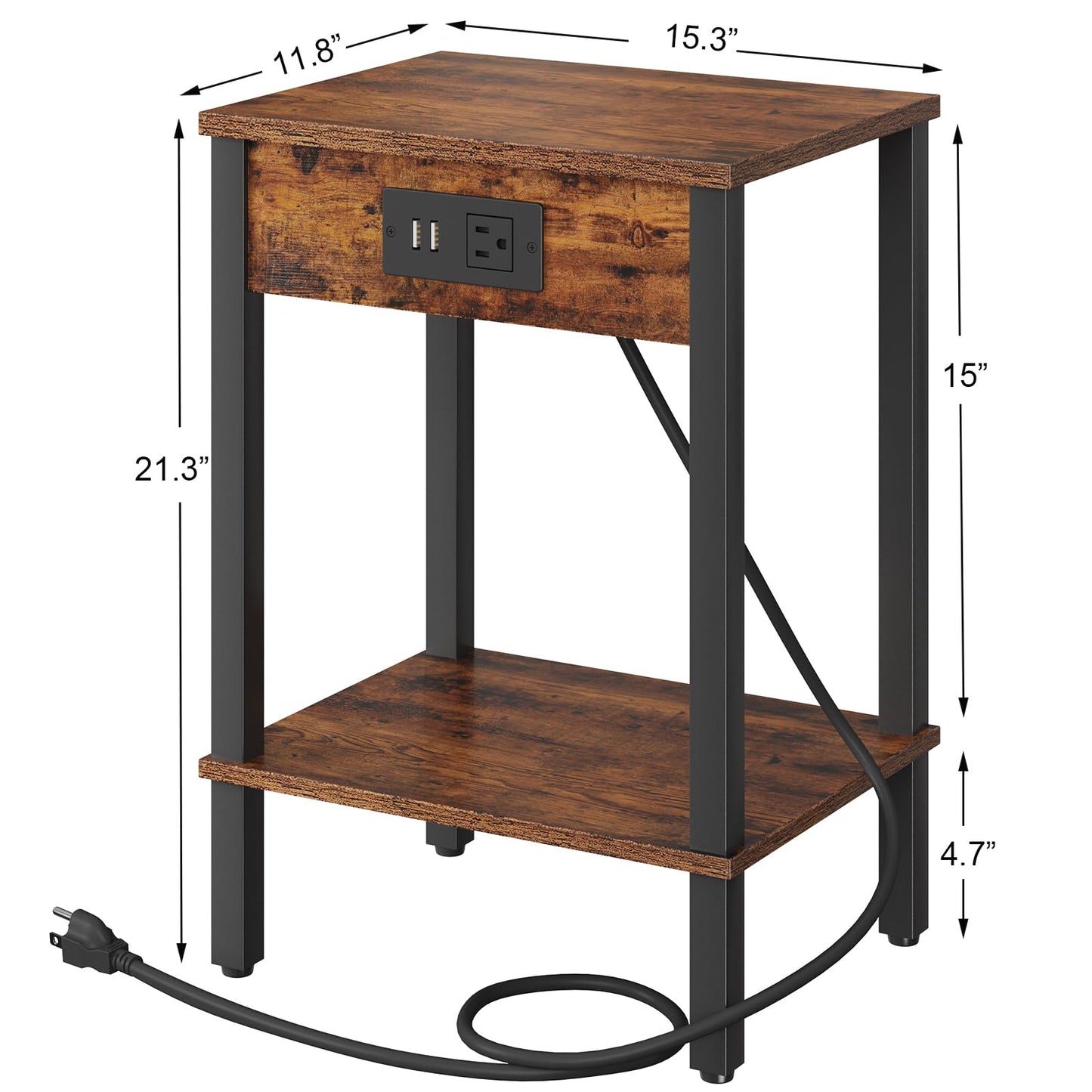 VIMBER Side Table with Charging Station, Set of 2 End Tables with USB Port and Outlets, Nightstands with 2-Tier Storage Shelves, Sofa Table for Small Space, Living Room, Bedroom, Rustic Brown 102F2