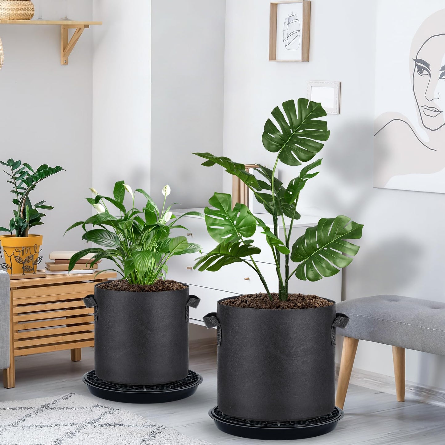 POILKMNI 4 Pack 14 Inch Self-Watering Fabric Pot Base, Auto Irrigation Plant Saucer Tray for 5 Gallon Grow Bags, Elevated Plant Stand with Wick System for Indoor Outdoor Garden Greenhouse Grow Tent