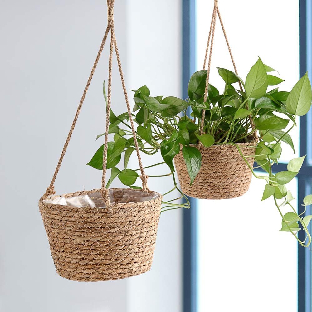 RXMORI Jute Rope Hanging Planter Basket, Rattan Woven Plant Hanger with Plastic Liner Macrame Plant Holder Storage Organizer for Plants Indoor Outdoor(Brown)