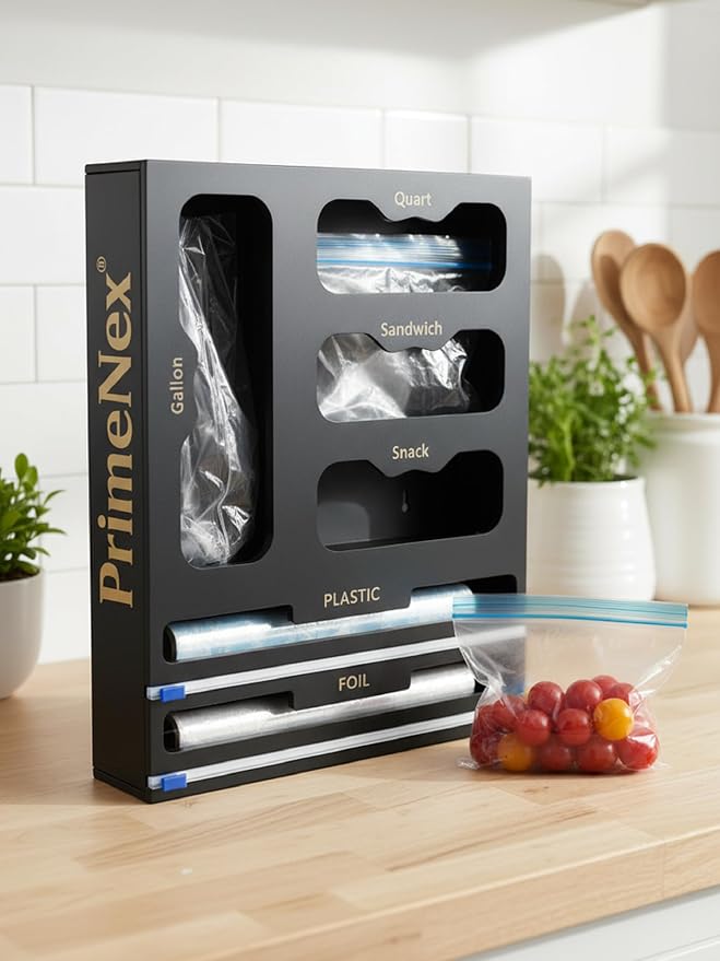 Storage Bag organizer, 6 in 1 Foil and Plastic Wrap Dispenser with Cutter, Bamboo Kitchen Drawer Organizer Food Bag Organizer for Gallon, Quart, Sandwich, Snack Bags (Black)
