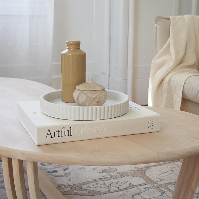 Decorative Concrete Tray & Book Decor Set - Scalloped Tray & Linen Box Enhance Your Coffee Table or Bookshelf Decor - Stylish Home Decoration for Your Living or Dining Room & as a Housewarming Gift