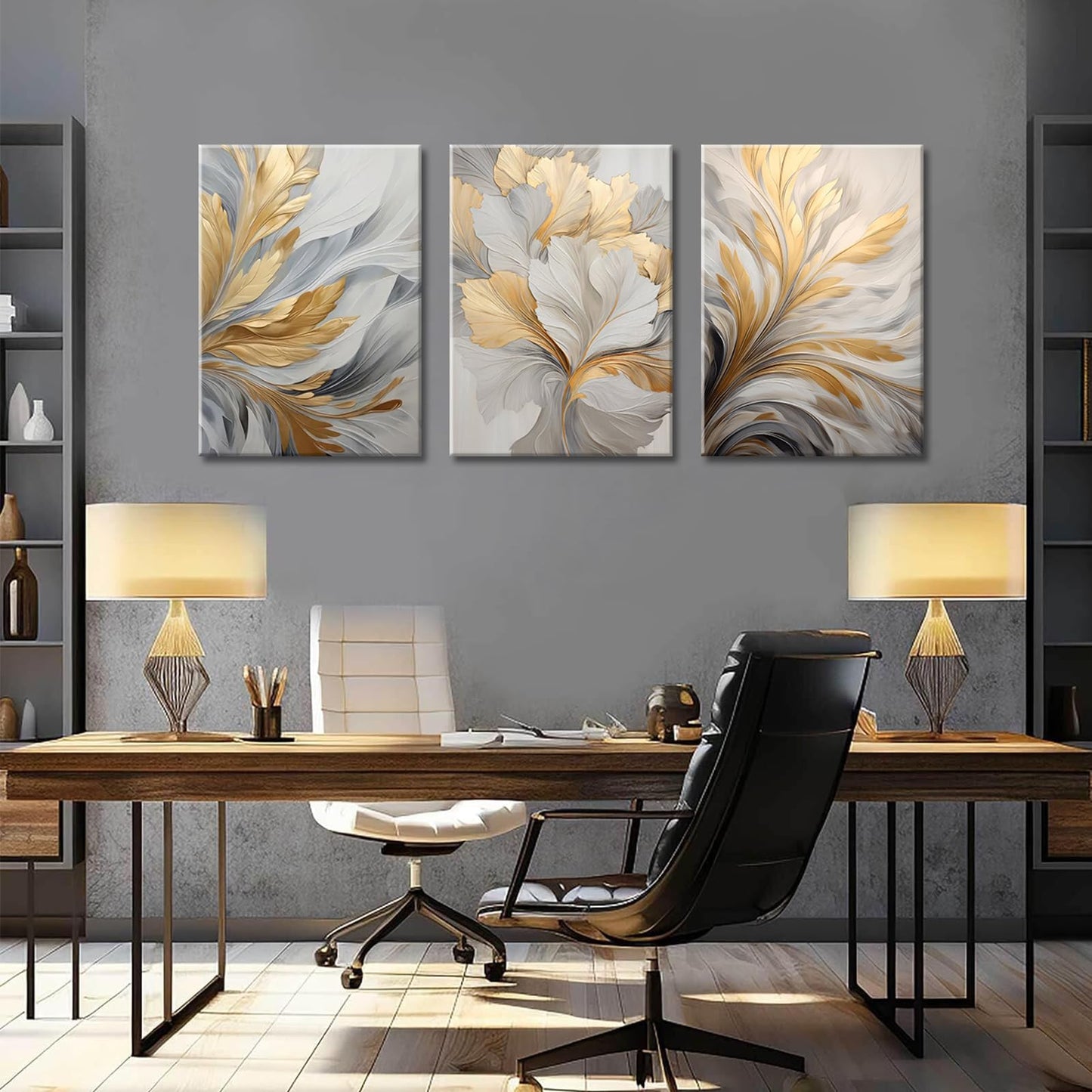 3Pcs Modern Abstract Golden White Leaves Canvas Wall Art Neutral Botanical Wall Decor Pictures Luxury Posters Prints for Living Room Bedroom Office Home Decorations, 12x16in