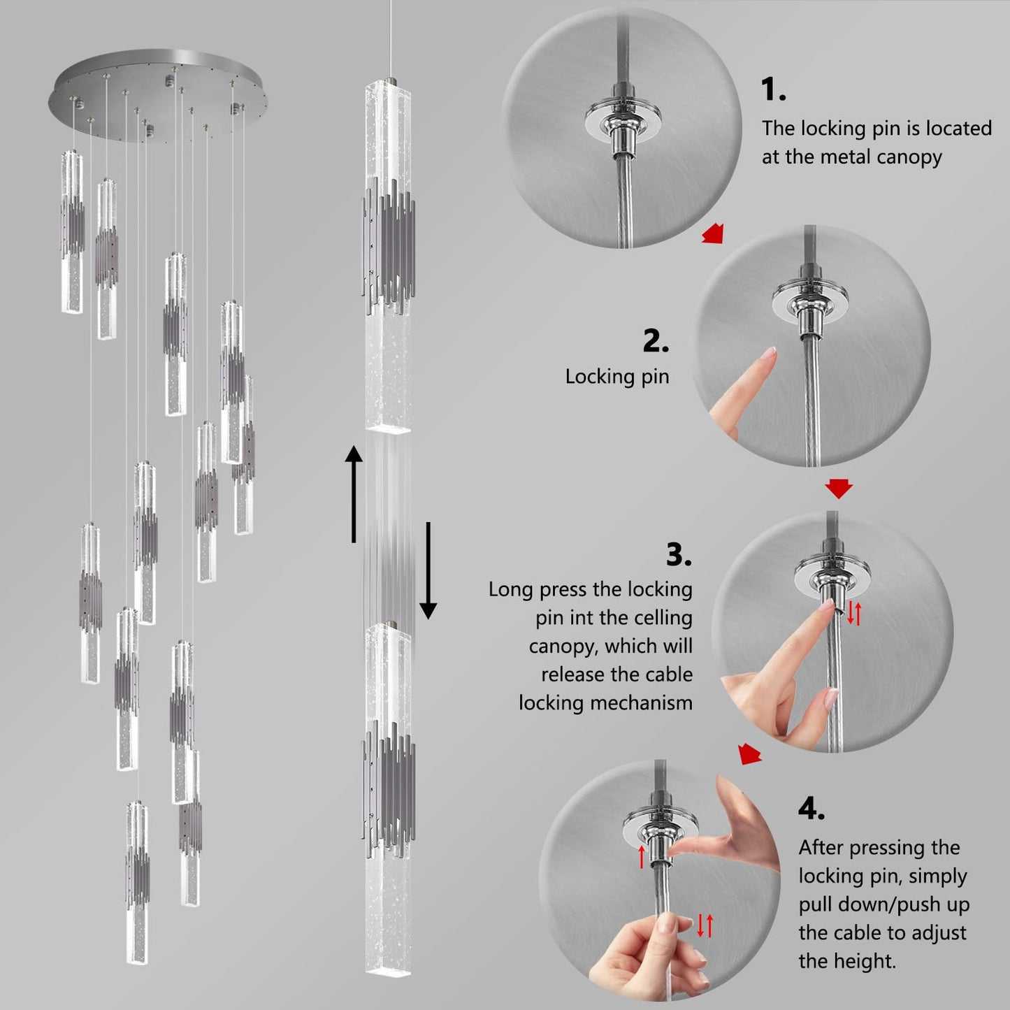 12-Lights Modern Crystal Chandelier for High Ceiling Dimmable LED Pendant Lighting Long Light Chandelier for Staircase Foyer Enterway Living Room Silver