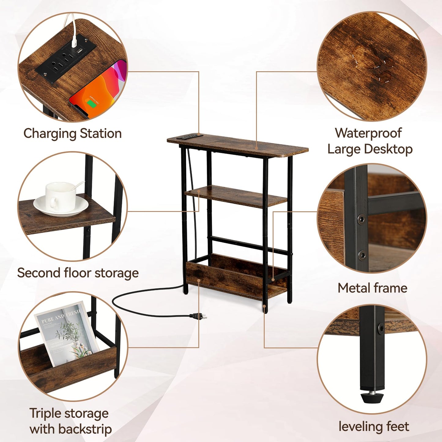 Narrow Side Table with USB-C Charging Station, 3-Tier Slim End Table with Magazine Holder, Modern Thin Side Table for Couch or Small Spaces, Skinny Nightstand for Living Room or Bedroom