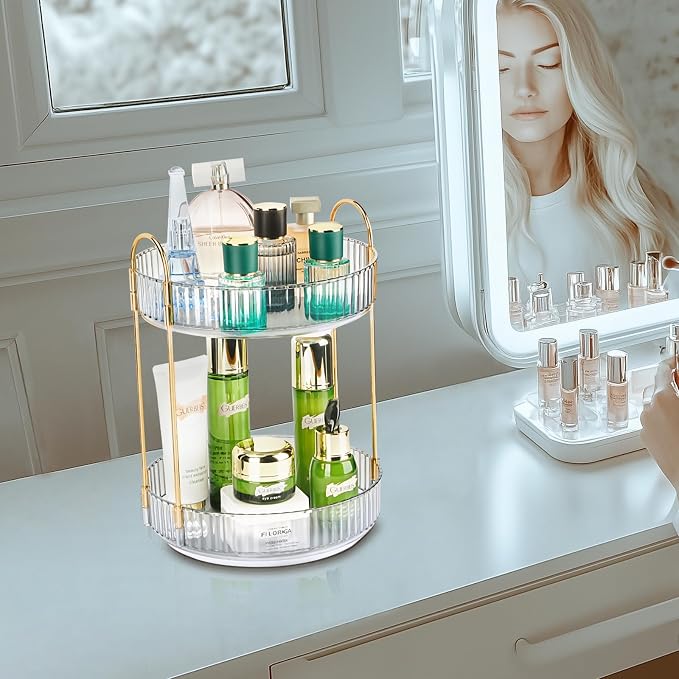 360 Rotating Makeup Organizer - Large Capacity Spinning Perfume & Cosmetic Skincare Holder for Countertop (Pearl White, 2 Tier)