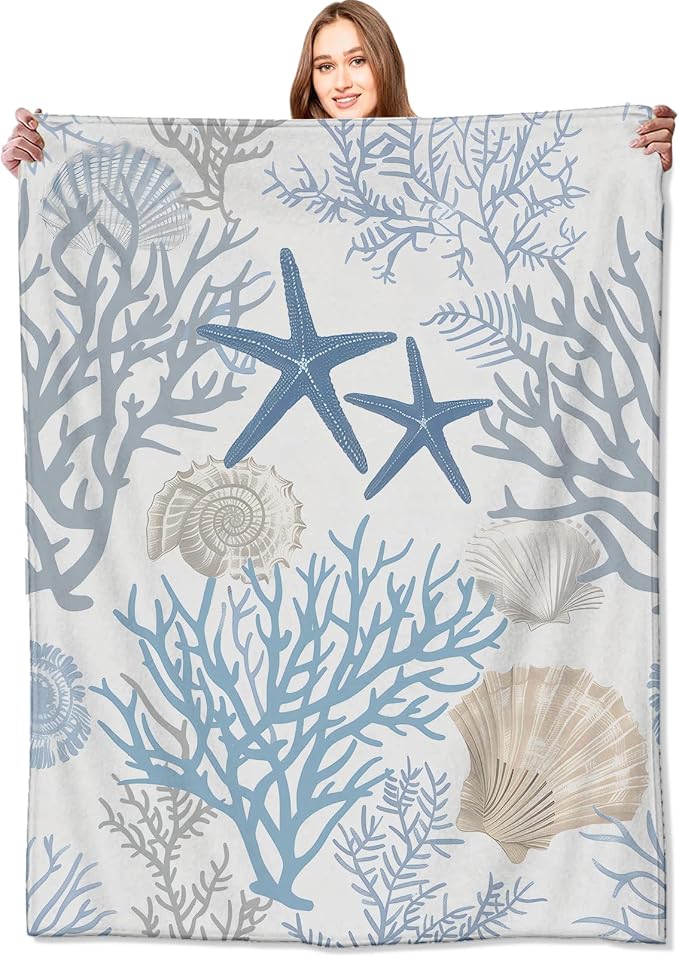 Nautical Coastal Blanket,Ocean Beach Seashell Starfish Throw Blankets,Gifts for Kids & Marine Life Lovers,Lightweight Soft Fleece,for Picnic Sofa Couch Bed Room Travel,Birthday Decor,40x50in