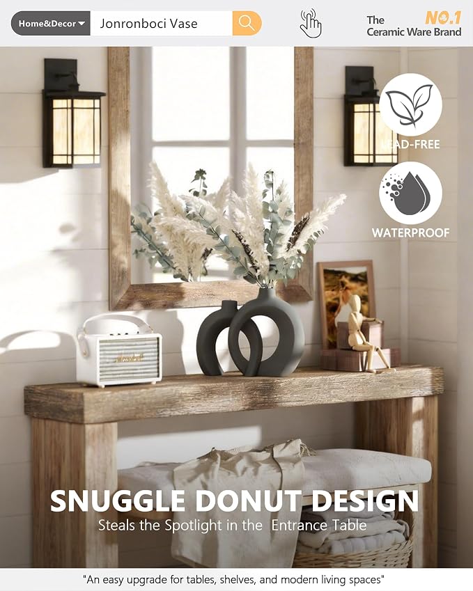 Set of 2 Gray Ceramic Vases for Home Decor Accents - Unique Hollow Donut Artistic Design Minimalism Industrial Scandinavian Style Decorative Vases for Shelf, Mantel, Entryway Table Decor (Matte Gray)