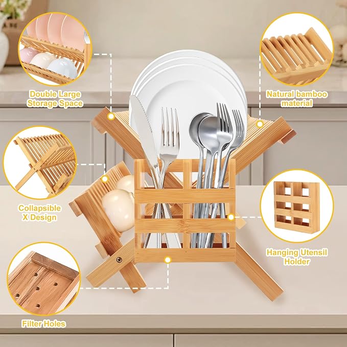 Tefola Bamboo Dish Drying Rack, 2-Tier Foldable Design with Utensil Holder, Kitchen Plate Rack Dish Drainer Rack Dish Racks for Kitchen Counter, 16.5 x 17 inches