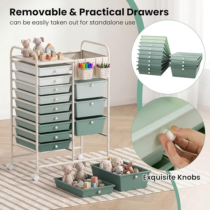 GOFLAME 14-Drawer Rolling Storage Cart with Pegboard, Craft Storage Cart with Lockable Wheels and Metal Frame, Art Cart Supply Storage Organizer for Home Office Classroom, Green Gradient