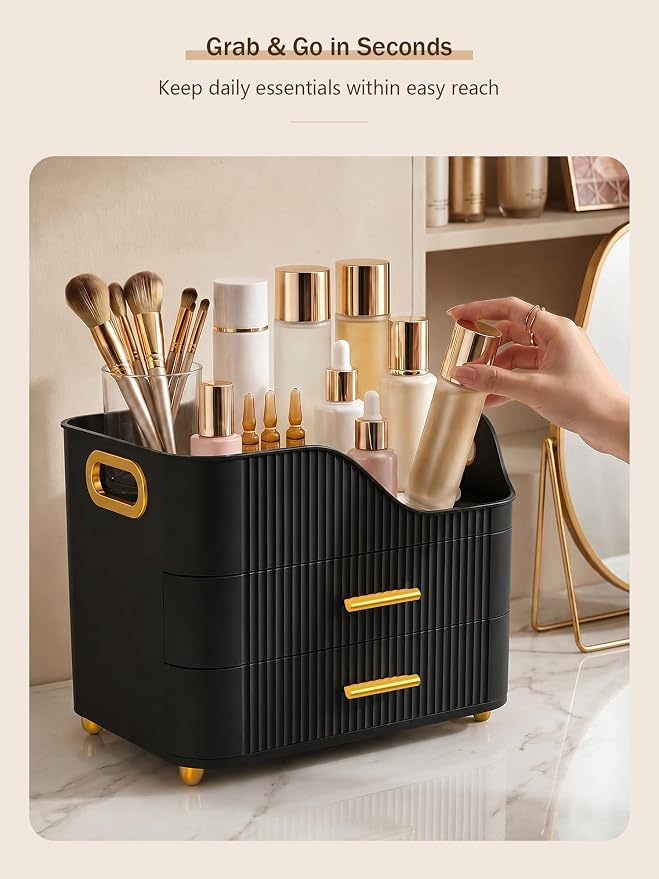 Booklov Countertop Makeup Organizer with Drawers, 3 Tier Large Cosmetic Storage Box for Vanity, Bathroom Counter, Dresser, Skincare Display Case for Lipsticks, Beauty Palettes, Teen Girl Gifts, Black