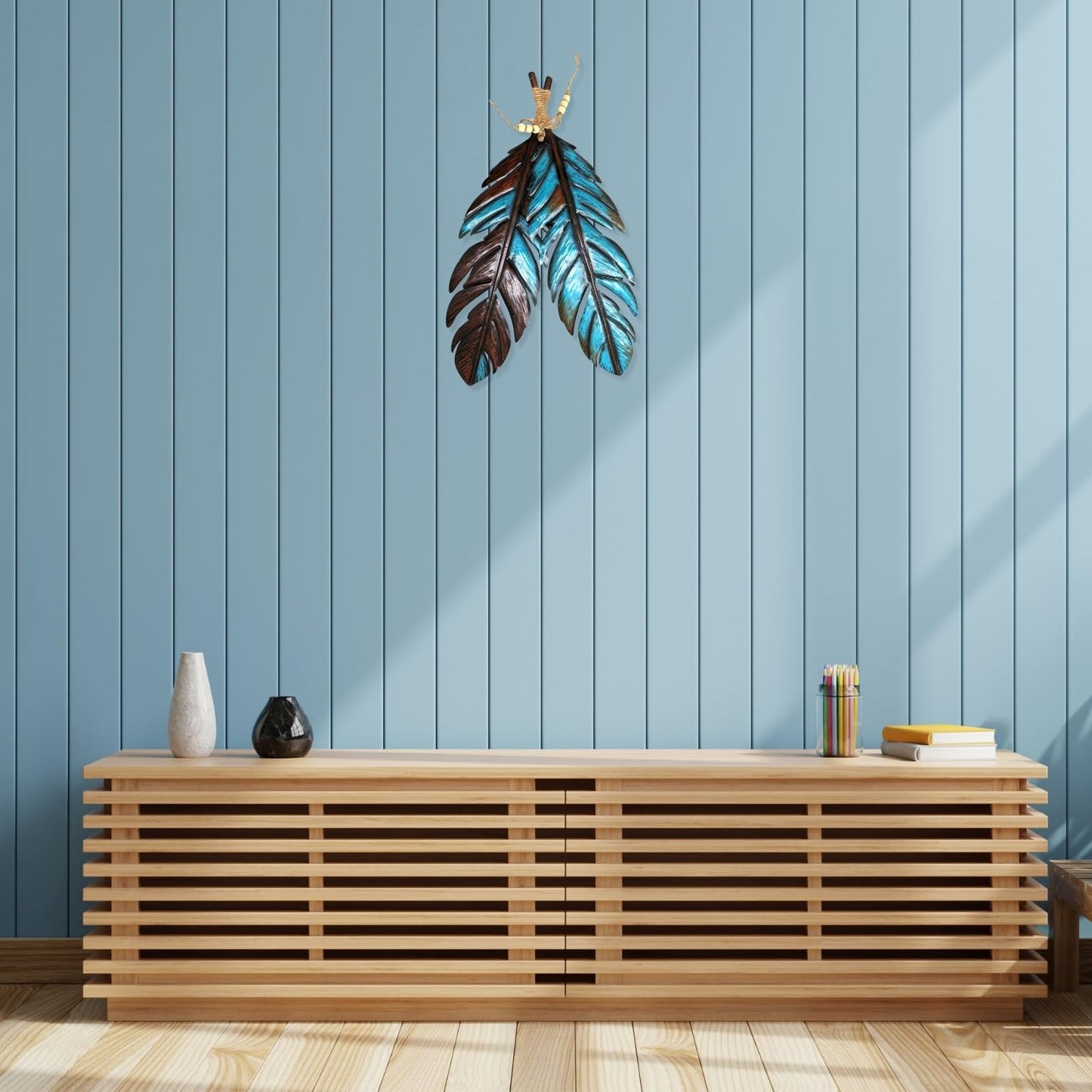 Rustic Metal Feathers Wall Hanging Décor - Southwest Boho Chic, Rustic, Nature-Inspired, and Spiritual Home Decoration - Metal Wall Art for Living Room, Bedroom, Office - 12x20 Inches