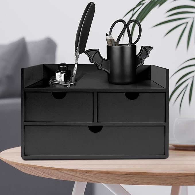 Charmewooden Desk Organizer with Drawers Countertop Drawers Organizer Tabletop Storage Organization Box Home Office Workspace Bathroom Toiletries Supplies (black with shelf)