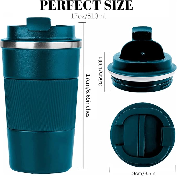 YINBAOGE Insulated Travel Coffee Mug, Spill & Leak Proof, Portable To Go Camping Stainless Steel Coffee Tumbler, Reusable Thermal Coffee Cup with Lid for Hot & Cold Drinks (Blue, 17 OZ)
